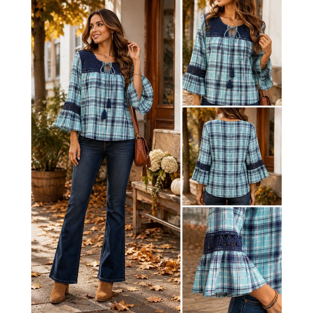 St Johns Bay Womens Plaid Lace Peasant Top Blue Navy Tassel Bell Sleeve Large